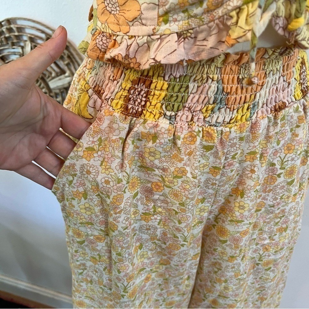 American Eagle Yellow Cotton Linen Floral 2 Piece Set Crop Top Wide Leg Pants XS - Picture 10 of 13